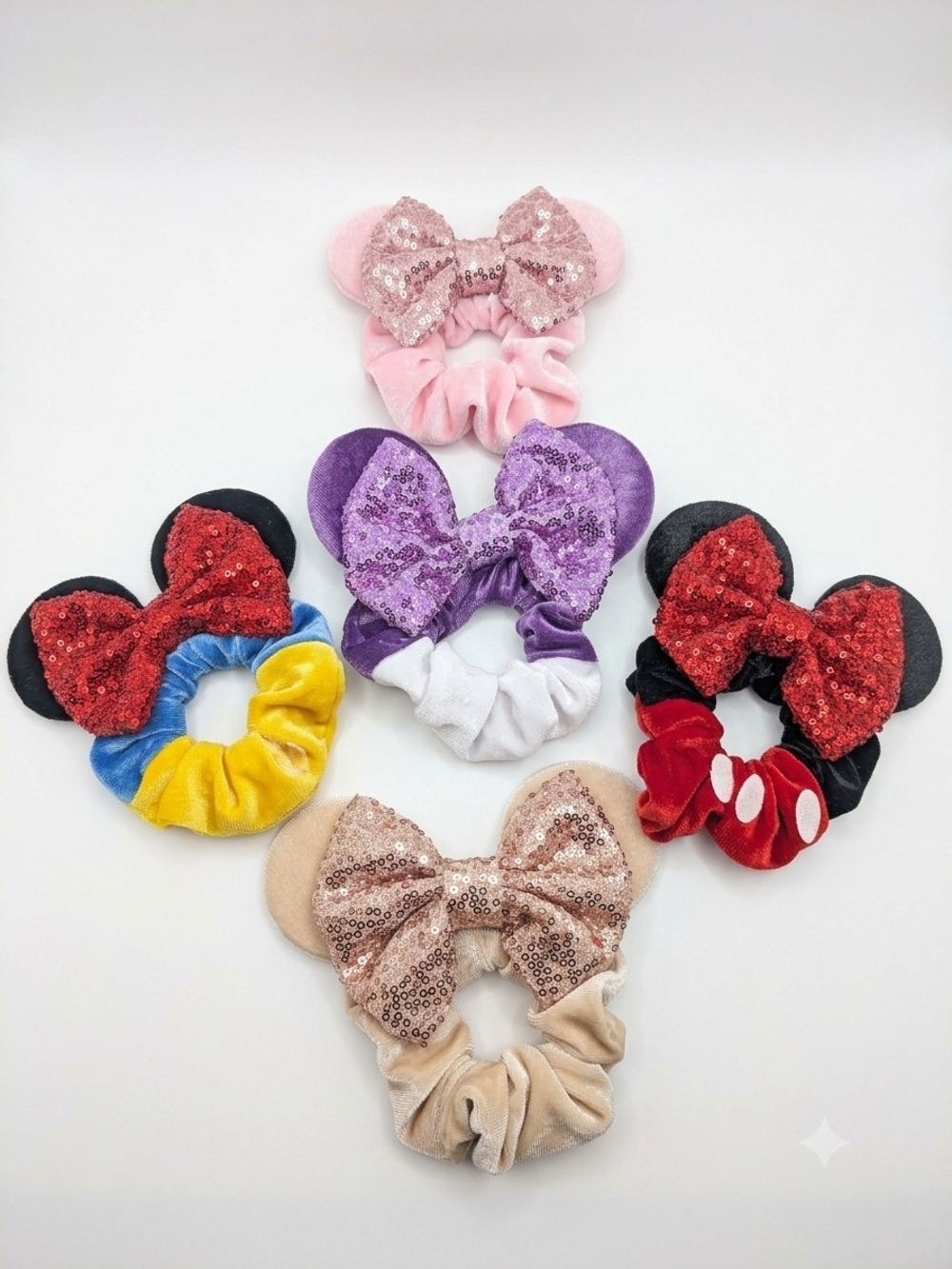 NWOT Disney Princess Minnie Mouse Ear Scrunchies (Lot of 5) Sequin Bow Hair Ties